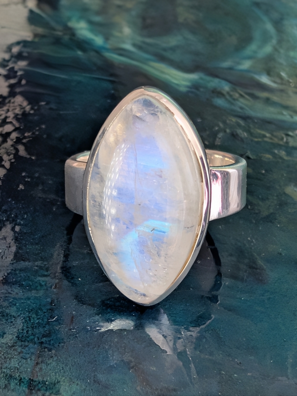 *Host Pick* Sterling Silver Natural Rainbow Moonstone Marquise Ring Size 7.5
